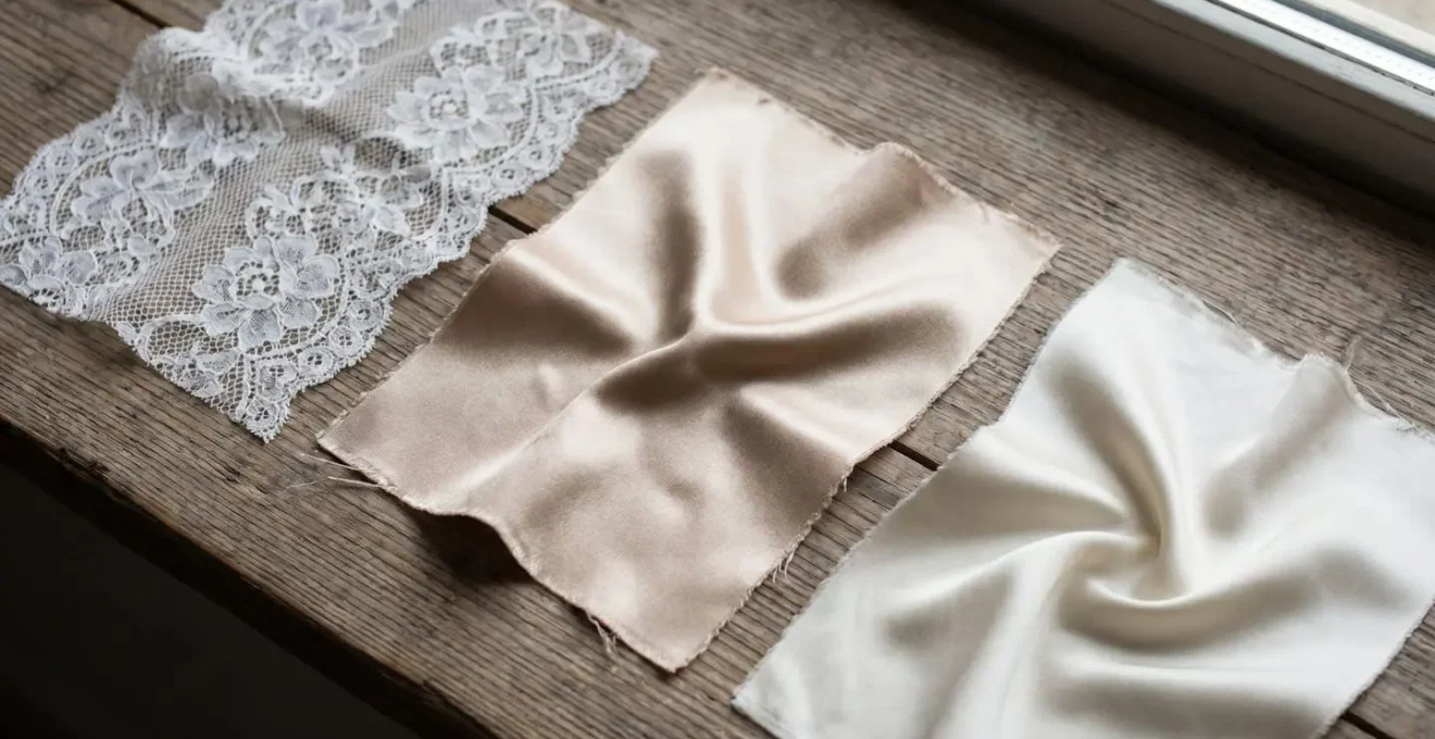 Trois échantillons de tissus nobles pour lingerie : dentelle de Calais, satin et soie, présentés en détail