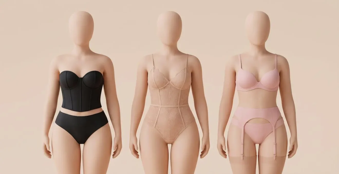 Illustration de trois styles de lingerie sexy : corset, body et ensemble push-up avec porte-jarretelles